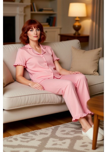 Rahat %100 Pamuklu Leopar Pijama Takımı Kısa Kollu Gömlek ve Boru Paça Pantolon Zarifane Tasarım