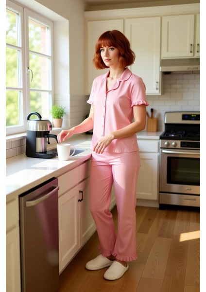 Rahat %100 Pamuklu Leopar Pijama Takımı Kısa Kollu Gömlek ve Boru Paça Pantolon Zarifane Tasarım