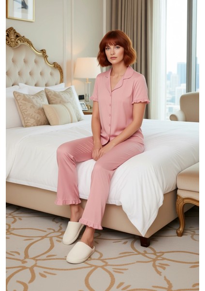 Rahat %100 Pamuklu Leopar Pijama Takımı Kısa Kollu Gömlek ve Boru Paça Pantolon Zarifane Tasarım