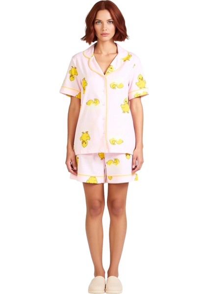 Ördek Desenli Pijama %100 Pamuk Kısa Kollu Regular Boru Paça Şort Konforlu Kesim fırsatları