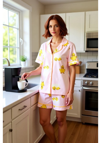Ördek Desenli Pijama %100 Pamuk Kısa Kollu Regular Boru Paça Şort Konforlu Kesim
