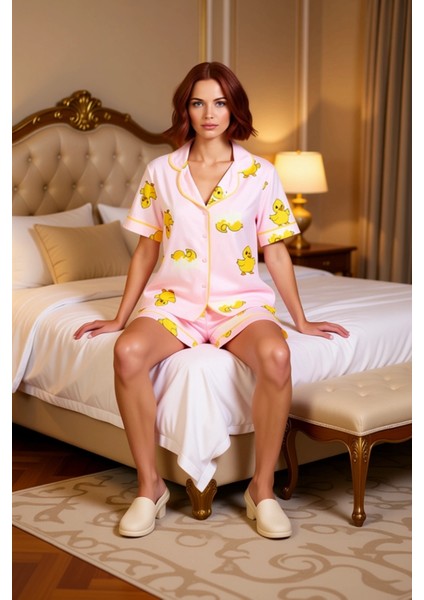 Ördek Desenli Pijama %100 Pamuk Kısa Kollu Regular Boru Paça Şort Konforlu Kesim