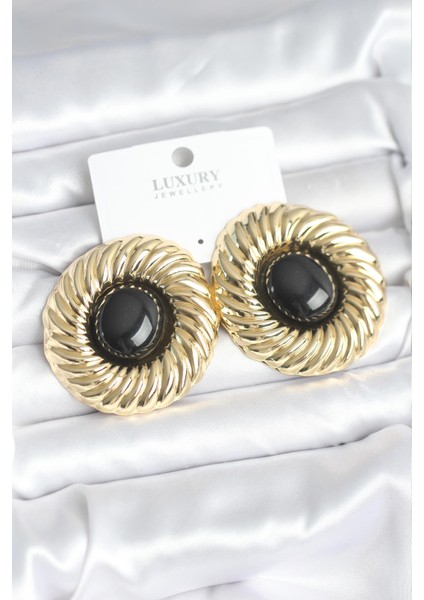 Pirinç Gold Renk Siyah Boncuklu Vintage Kadın Küpe - Lisinya