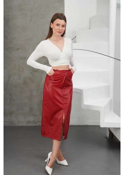 Yırtmaçlı Uzun Deri Etek Bordo indirimleri