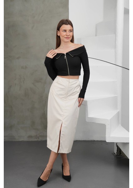 Yırtmaçlı Uzun Deri Etek Krem indirimleri