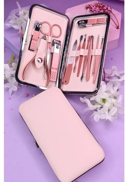Profesyonel Çantalı Tırnak Bakım Manikür Seti Pembe Renk 12 Parça ( Lisinya )