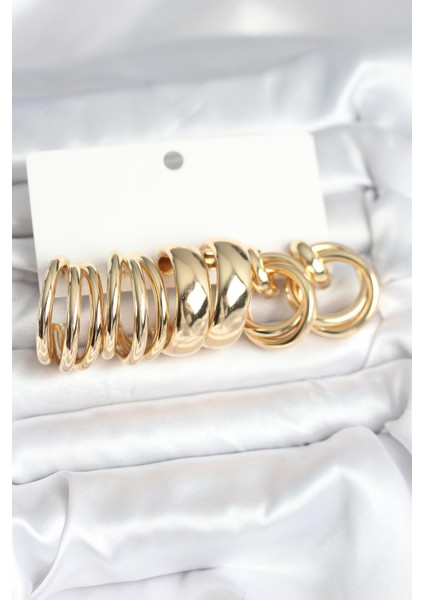 Pirinç Gold Renk 3 Çift Vintage Kadın Küpe Seti - Lisinya