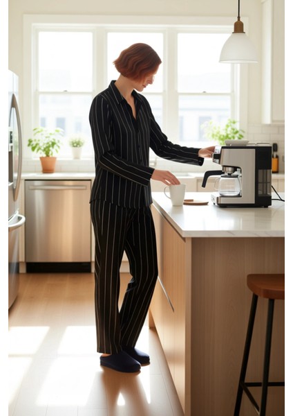 Kadın Viskon Çizgili Gömlek ve Pantolon Pijama Takımı Konforlu Ev Giyimi Fonksiyonel Rahat