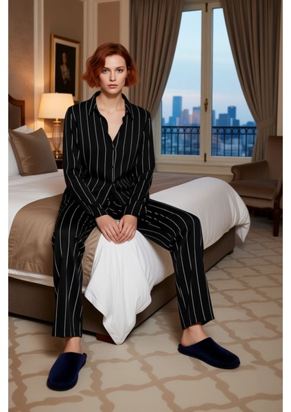 Kadın Viskon Çizgili Gömlek ve Pantolon Pijama Takımı Konforlu Ev Giyimi Fonksiyonel Rahat fiyatları