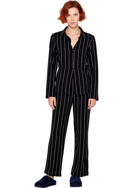Kadın Viskon Çizgili Gömlek ve Pantolon Pijama Takımı Konforlu Ev Giyimi Fonksiyonel Rahat modelleri