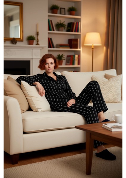 Kadın Viskon Çizgili Gömlek ve Pantolon Pijama Takımı Konforlu Ev Giyimi Fonksiyonel Rahat indirimleri