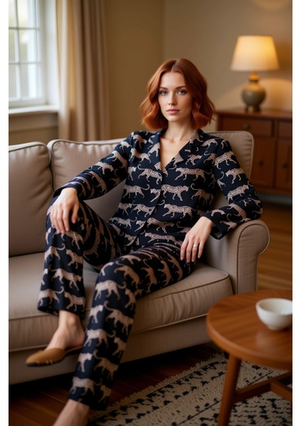 Kadın Viskon Dokuma Kaplan Desenli Pijama Takımı Fonksiyonel Dayanıklı Kaliteli Konforlu Şık fırsatları