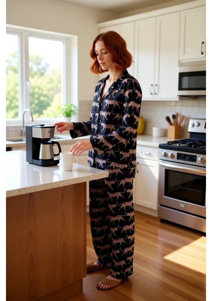 Kadın Viskon Dokuma Kaplan Desenli Pijama Takımı Fonksiyonel Dayanıklı Kaliteli Konforlu Şık indirimleri