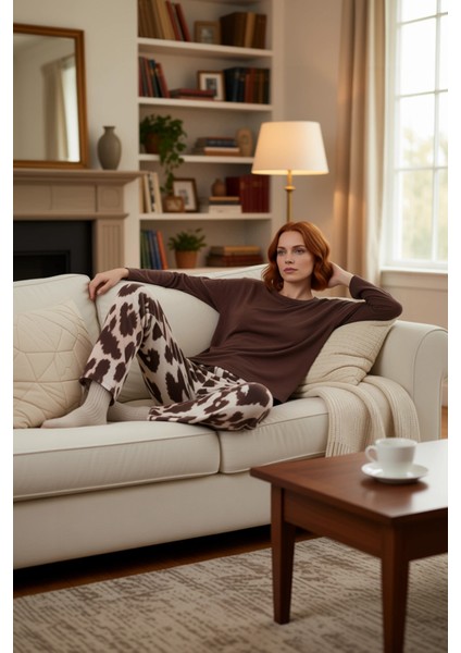 Kadın Uzun Kollu Bisiklet Yaka Leopar Desenli Pijama Takımı Fonksiyonel Dayanıklı Kaliteli fırsatları