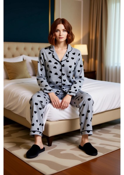 Kadın Benekli Gömlek Yaka Pijama Seti Fonksiyonel Dayanıklı Kaliteli Konforlu Estetik Spor