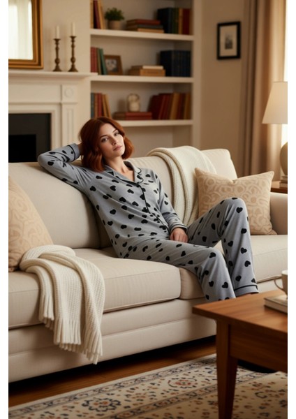 Kadın Benekli Gömlek Yaka Pijama Seti Fonksiyonel Dayanıklı Kaliteli Konforlu Estetik Spor modelleri