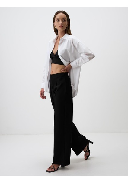 Siyah Bol Paça Yüksek Bel Uzun Örme Pantolon fiyatları