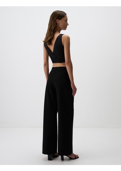 Siyah Bol Paça Yüksek Bel Uzun Örme Pantolon