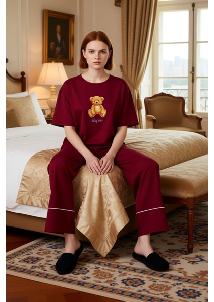 Kadin Ayicik Detayli Genis Paça Pijama Takımı Fonksiyonel Dayanıklı Kaliteli Konforlu Spor