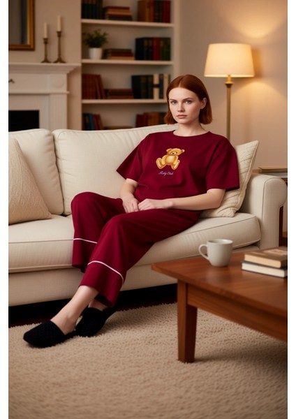 Kadin Ayicik Detayli Genis Paça Pijama Takımı Fonksiyonel Dayanıklı Kaliteli Konforlu Spor fırsatları