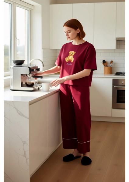 Kadin Ayicik Detayli Genis Paça Pijama Takımı Fonksiyonel Dayanıklı Kaliteli Konforlu Spor indirimleri