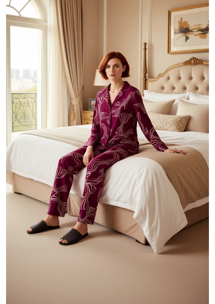 Kadın Viskon Hayvan Desenli Pijama Takımı Gömlek Yaka Fonksiyonel Dayanıklı Kaliteli Rahat