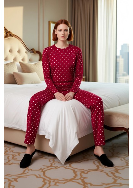 Kadın Puantiye ve Kalp Baskılı Örme Pijama Takımı Fonksiyonel Dayanıklı Kaliteli Konforlu Şık