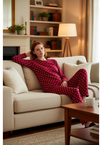 Kadın Puantiye ve Kalp Baskılı Örme Pijama Takımı Fonksiyonel Dayanıklı Kaliteli Konforlu Şık modelleri