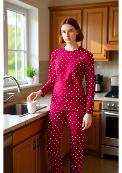 Kadın Puantiye ve Kalp Baskılı Örme Pijama Takımı Fonksiyonel Dayanıklı Kaliteli Konforlu Şık fırsatları