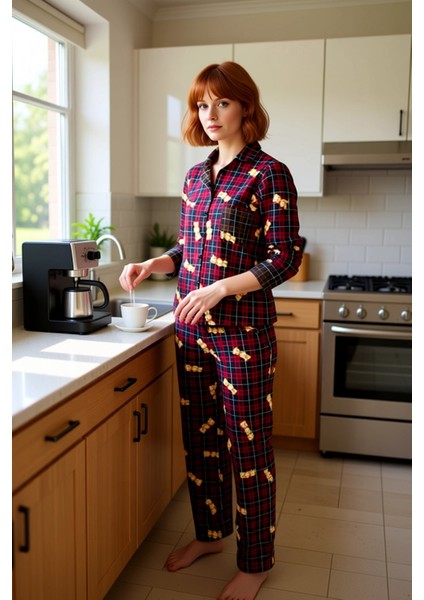 Kadın Ayıcıklı Ekose Ev Giyim Takımı Uzun Kollu Fonksiyonel Dayanıklı Kaliteli Konforlu Şık