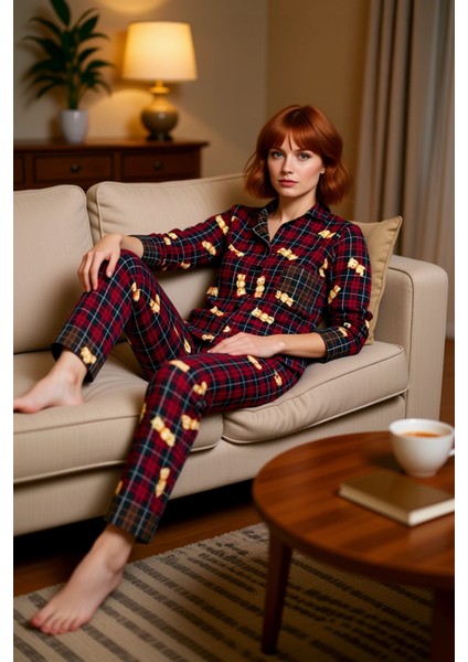 Kadın Ayıcıklı Ekose Ev Giyim Takımı Uzun Kollu Fonksiyonel Dayanıklı Kaliteli Konforlu Şık fırsatları