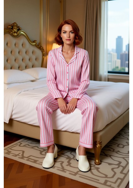 Kadın Çizgili Gömlek Yaka Pijama Takımı Fonksiyonel Dayanıklı Kaliteli Konforlu Estetik Şık