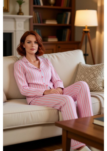 Kadın Çizgili Gömlek Yaka Pijama Takımı Fonksiyonel Dayanıklı Kaliteli Konforlu Estetik Şık fırsatları