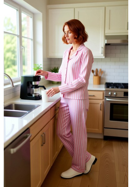 Kadın Çizgili Gömlek Yaka Pijama Takımı Fonksiyonel Dayanıklı Kaliteli Konforlu Estetik Şık indirimleri