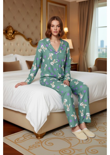 Kadın Viskon Puantiye Tavşan Baskılı Pijama Takımı Fonksiyonel Dayanıklı Kaliteli Konforlu