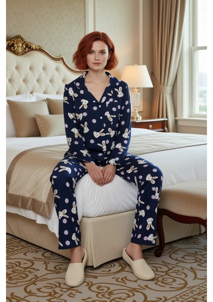 Kadın Viskon Puantiye Tavşan Baskılı Pijama Takımı Fonksiyonel Dayanıklı Kaliteli Konforlu