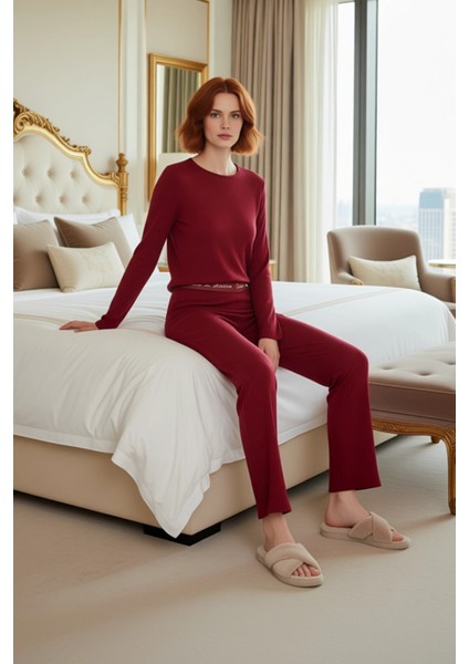 Kadın Kaşkorse Pijama Takımı Bisiklet Yaka Uzun Kollu Fonksiyonel Dayanıklı Kaliteli Rahat