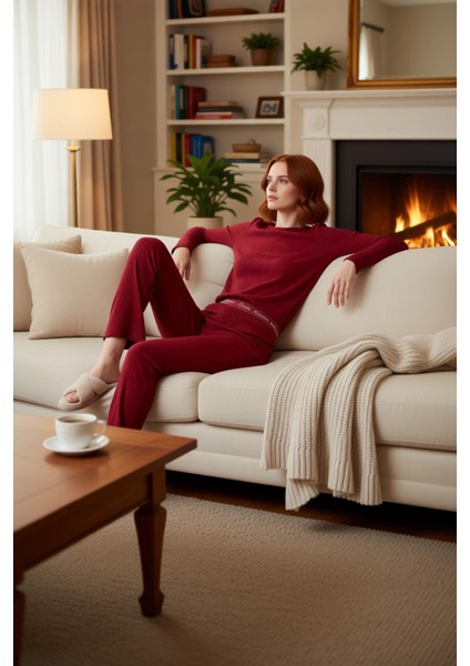 Kadın Kaşkorse Pijama Takımı Bisiklet Yaka Uzun Kollu Fonksiyonel Dayanıklı Kaliteli Rahat fırsatları