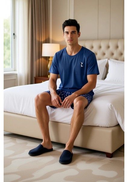 Erkek Köpek Desenli Bisiklet Yaka Pijama Takımı Fonksiyonel Dayanıklı Kaliteli Konforlu Şık