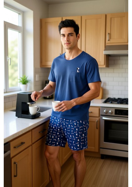 Erkek Köpek Desenli Bisiklet Yaka Pijama Takımı Fonksiyonel Dayanıklı Kaliteli Konforlu Şık fırsatları