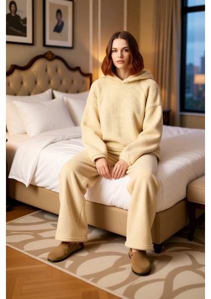 Kadın Kapüşonlu Peluş Pijama Takımı Fonksiyonel Dayanıklı Kaliteli Konforlu Estetik Modern