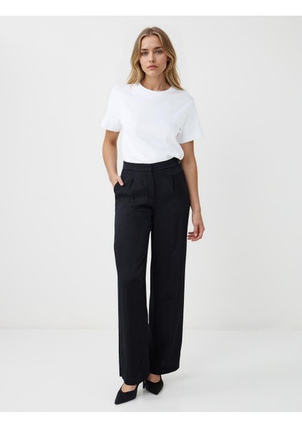 Siyah Normal Bel Bol Paça Düz Kesim Dokuma Pantolon