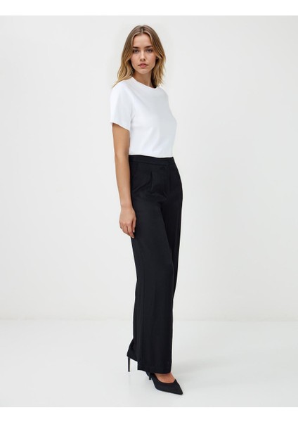 Siyah Normal Bel Bol Paça Düz Kesim Dokuma Pantolon modelleri