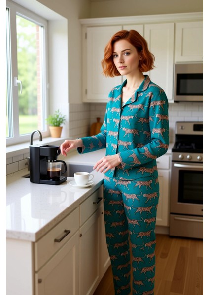 Kadın Viskon Dokuma Kaplan Desenli Pijama Takımı Fonksiyonel Dayanıklı Kaliteli Konforlu Şık indirimleri