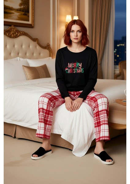 Kadin Kirmizi Yılbaşı Desenli Pamuk Polyester Pijama Fonksiyonel Dayanıklı Kaliteli Modern