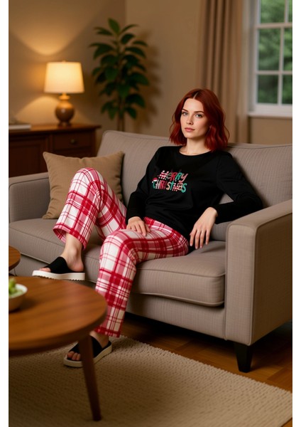 Kadin Kirmizi Yılbaşı Desenli Pamuk Polyester Pijama Fonksiyonel Dayanıklı Kaliteli Modern modelleri