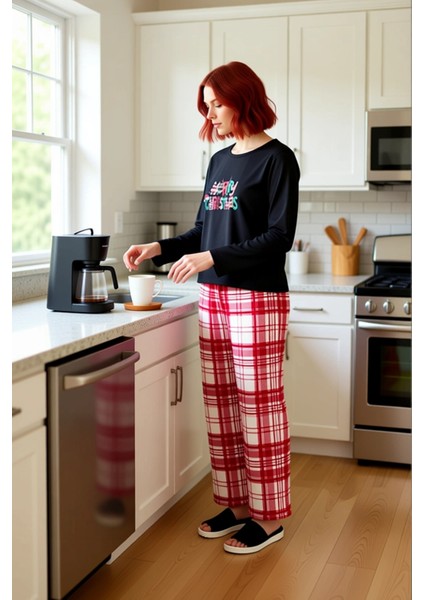 Kadin Kirmizi Yılbaşı Desenli Pamuk Polyester Pijama Fonksiyonel Dayanıklı Kaliteli Modern fırsatları