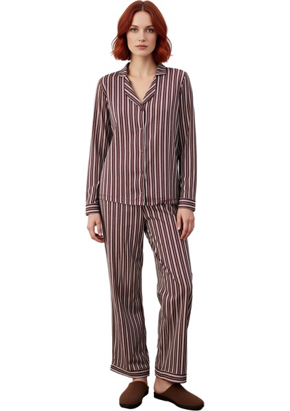 Kadın Çizgili Gömlek Yaka Pijama Takımı Fonksiyonel Dayanıklı Kaliteli Konforlu Estetik Şık fiyatları