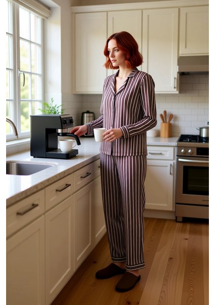 Kadın Çizgili Gömlek Yaka Pijama Takımı Fonksiyonel Dayanıklı Kaliteli Konforlu Estetik Şık indirimleri
