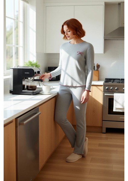 Kadın Melanj Nakışlı Bisiklet Yaka Pijama Takımı Fonksiyonel Dayanıklı Kaliteli Konforlu Şık